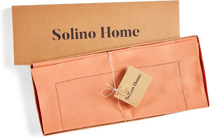 Solino Home Linen Coral Hemstitch Table Runner 60 Inches - 100% Pure Linen Small Table Runner 14 x 60 Inch Ideal for Dresser and Coffee Tables, Mothers Day, Spring, Summer - Classic Hemstitch