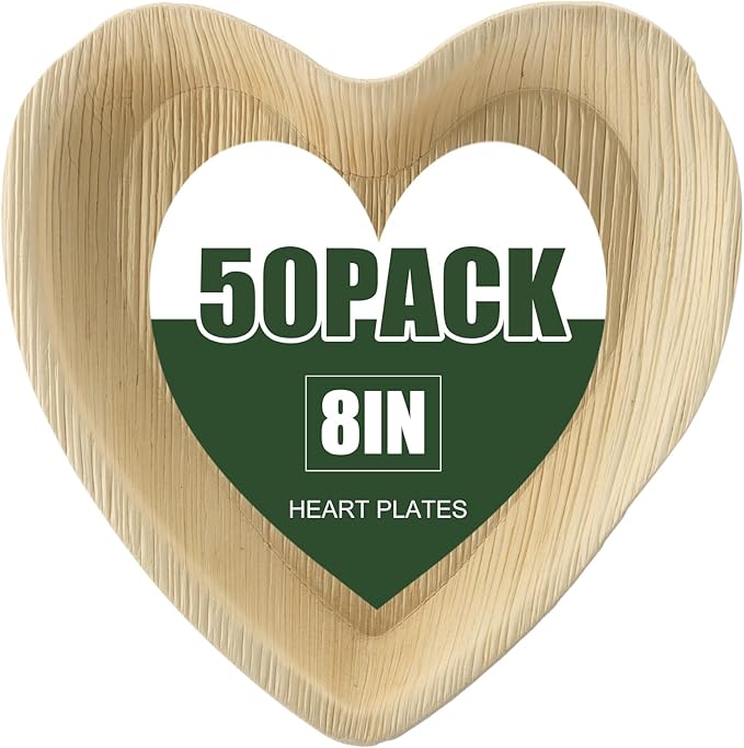 50 Pcs Heart Shaped Palm Leaf Plates, Disposable Compostable Plates, Bamboo Like Charcuterie Boards for Wedding, Party, Catering, Camping, Events and Daily Use(8 Inches)