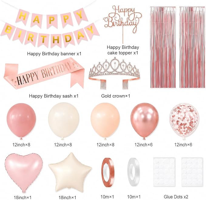 Dusty Pink Birthday Decorations for Women Girls,Retro Pink Balloons with Happy Birthday Banner,Fringe Curtain,Cake Topper,Sash and Crown for Birthday Party Supplies