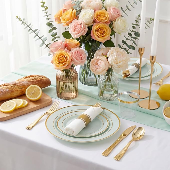 WDF Partyware 175PCS Sage Green Plastic Plates - Heavy Duty Green Plates Disposable - 25Guests Plastic Dinnerware with Rolled Napkins for Spring/Birthday/Baby Shower
