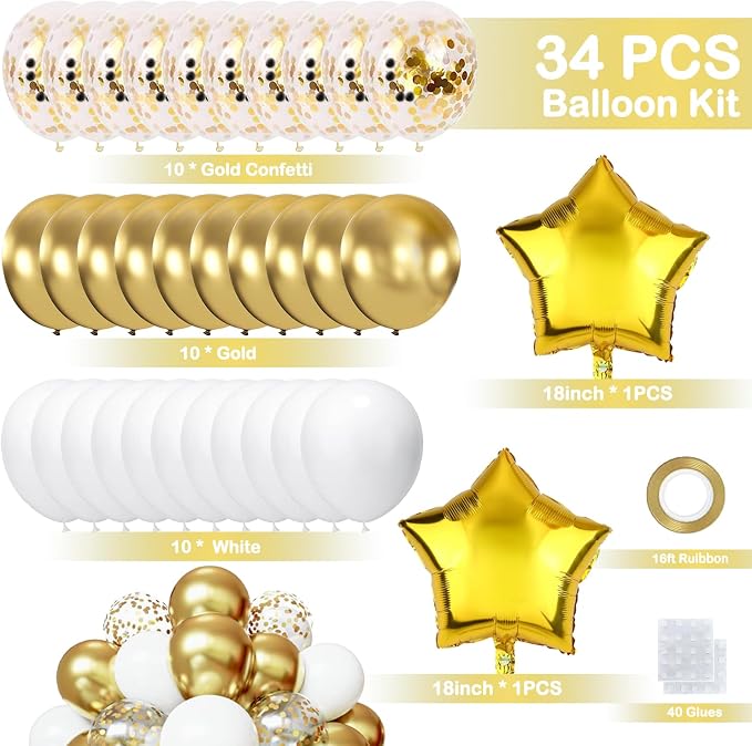 Golden Birthday Party Decorations, Happy Birthday Banner, Backdrop, Balloons, Honeycomb Balls, Star Foil Balloons, Stars Hanging Swirls & Cake Topper for Baby Boys Girl Men Women Birthday Decoration