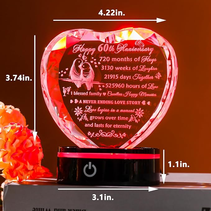 YWHL 60th Wedding Anniversary Crystal Heart Gifts for Parents Couple, Laser Engraved Romantic 60 Year Anniversary Crystal Keepsake Decorations Gifts for Wife Husband, 60 Years of Marriage Gifts