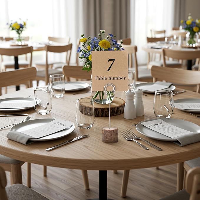 Amyhill Wedding Table Centerpieces 6 Wood Slices 12 Wood Place Card Holders 30 Kraft Place Cards Natural Wooden Table Number Holders Rustic Food Labels Sign Name Card Picture Holder with Swirl Wire
