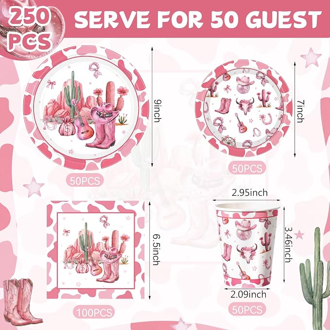Pickmesh 250 Pcs Cowgirl Party Decorations Pink Cowgirl Rodeo Birthday Coquette Bow Western Theme Disposable Plates Napkins Cups for Bachelorette Baby Shower Tableware Party Supplies Serve 50