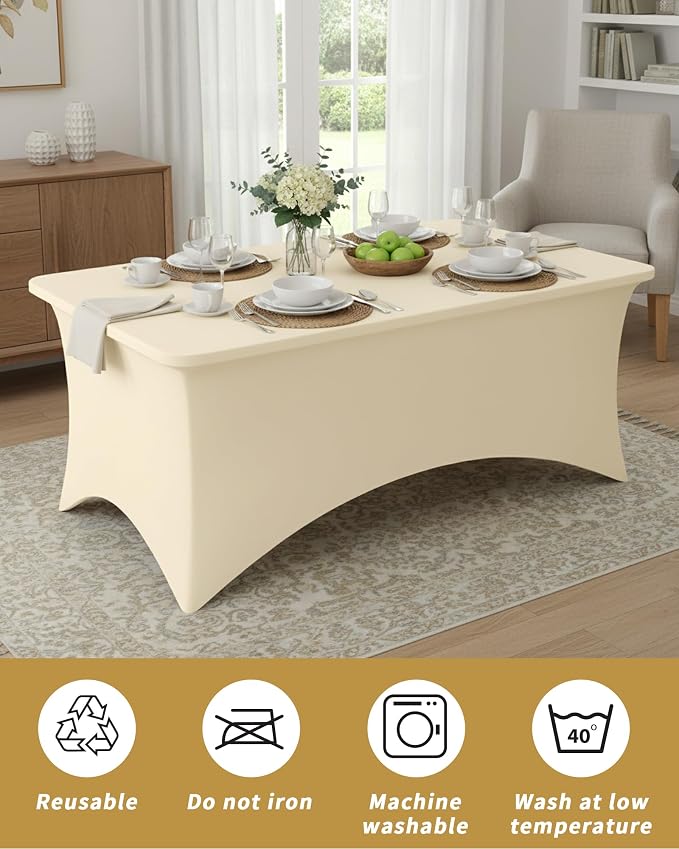 Fixwal 6 Pack 8Ft Ivory Table Cover, Spandex Fitted Tablecloths Rectangle, Wrinkle-Free and Stretch Folding Table Cloth for Banquet, Wedding, Party, Trade Show