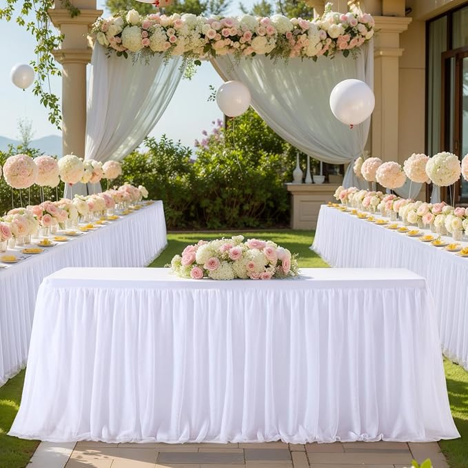 White Tulle Tablecloth Table Skirt for 6 Foot Rectangle Tables | Wedding Table Cloths, Ruffle Tutu Design, Stretch Fitted, For Parties Birthdays Reception Baby Shower Celebration Banquet
