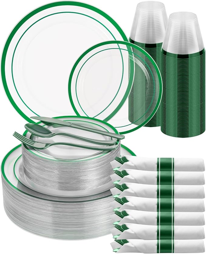 Goodluck 350 Pcs Clear Green Disposable Plastic Plates, Dinnerware Sets | Plastic Silverware Include 100 plates, 50 pack Pre Rolled Napkins With Silverware, 50 cups for Christmas, St. Patrick's Day