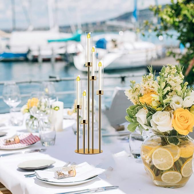 Candelabra Gold Centerpiece 5 Arms Taper Candle Holder Gold Centerpiece with Acrylic Tubes for Table Decoration Wedding Event Party Aisle Stage Home Decor (2, M)