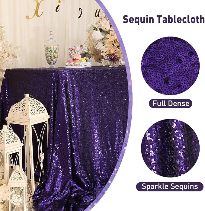 Poise3EHome Purple Sequin Tablecloth 50×72 Inch Rectangle Sparkly Fabric Table Cover Overlay for Halloween Birthday Party Holiday Decoration