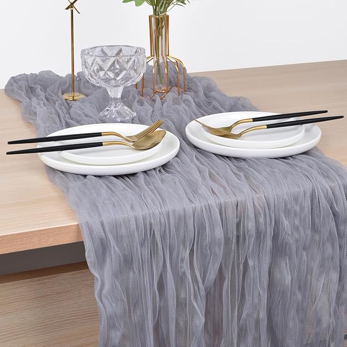 Joanlody Light Gray Cheesecloth Table Runner Spring Summer 10Ft Rustic Gauze Boho Cheese Cloth Table Runner for Wedding Bridal Baby Shower Decoration 4 Pack