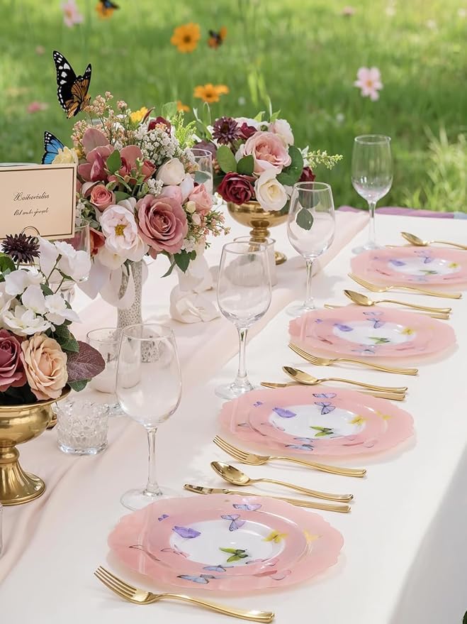 WDF 20PCS Pink Butterfly Plates - Baroque Spring Plates Disposable - Butterfly Party Decorations for Birthdays/Tea Party/Bridal Shower/Mother's Day
