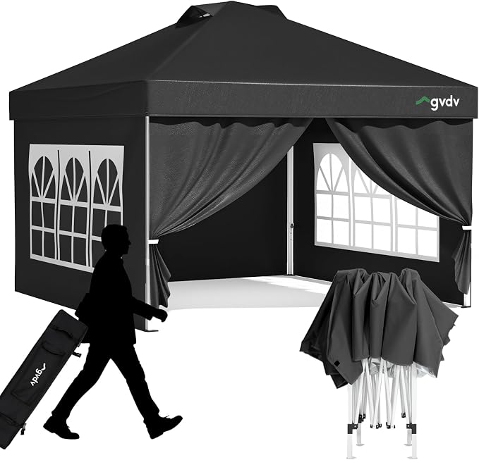 GVDV 10x10 Pop Up Canopy Tent with 4 Sidewalls, Beach Tent with One Push Setup, Outdoor Sun Shade for Events, Parties, Camping - Gazebo with Wheelbag, Black, CP23 B