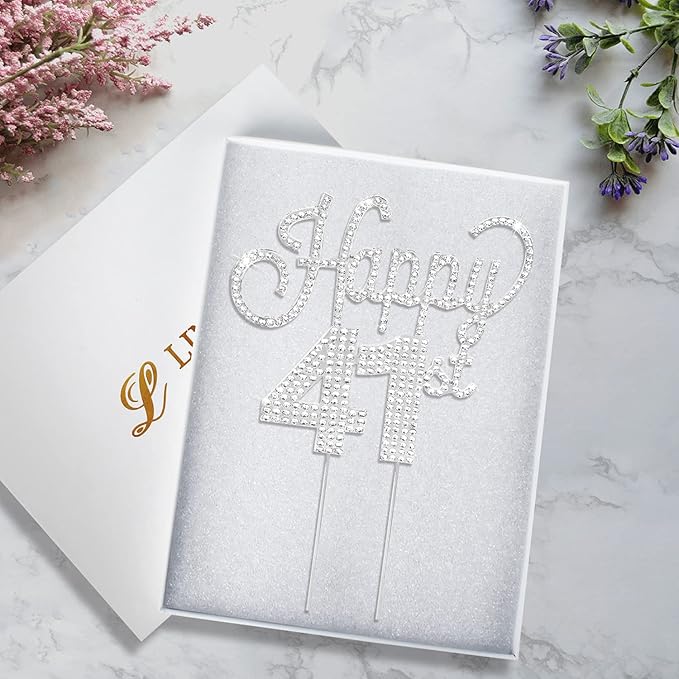 LINGTEER Happy 41st Birthday Silver Rhinestone Cake Topper - Cheers to 41st Birthday 41 Years Old Anniversary Party Cake Centerpieces Topper Decorations Gift Sign.