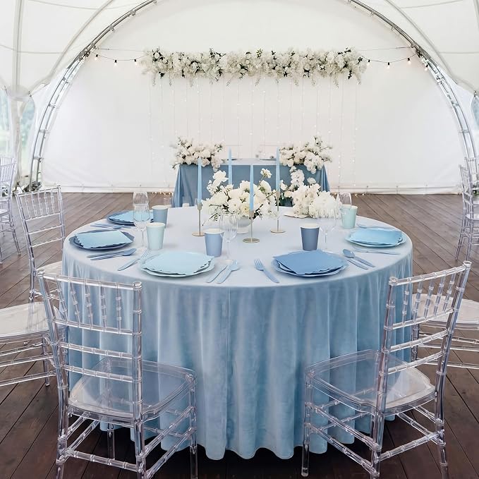 Qinyoung 388 Pcs Dusty Blue Plates and Napkins Party Supplies Tableware Include Disposable Scalloped Plate Paper Napkin Cup Plastic Cutlery for Baby Shower Party Wedding Birthday, 48 Sets