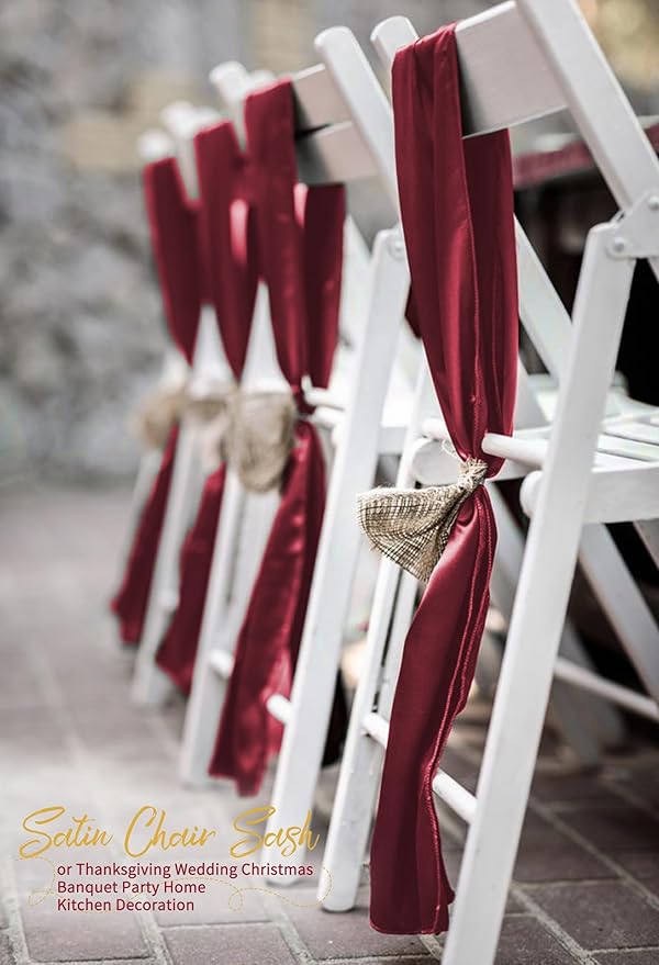 120 PCS Burgundy Satin Chair Sashes, Ties Bows Designed Chairs Decorative, Chair Cover Sashes for Thanksgiving Wedding Christmas Banquet Party Home Kitchen Decoration (7 x 108 inch)