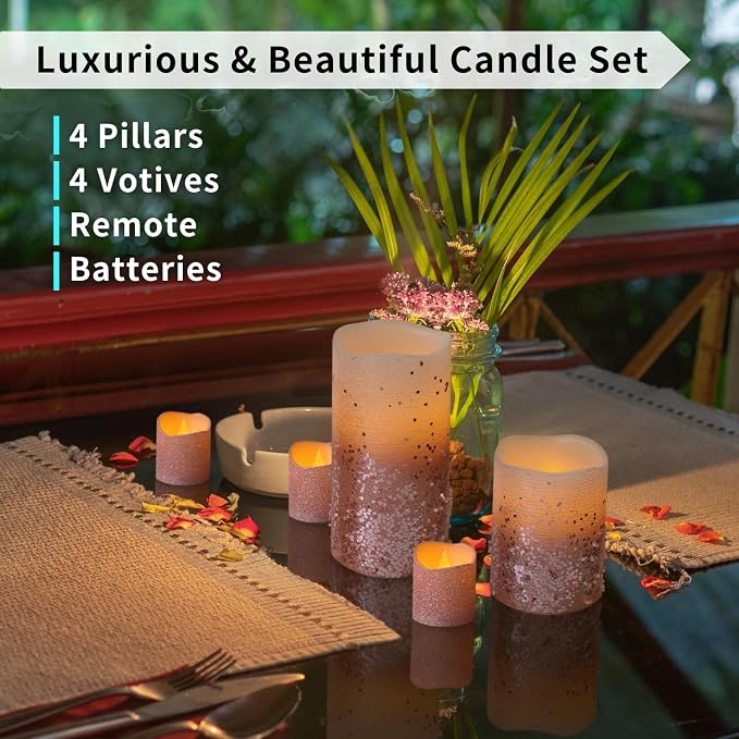 FURORA LIGHTING Pink Glitter LED Candles, 8-Pack Set with Remote & Timer | Includes 4 pillars and 4 votives. Beautiful pink starry glow perfect for bedrooms, vanity tables, and decor.
