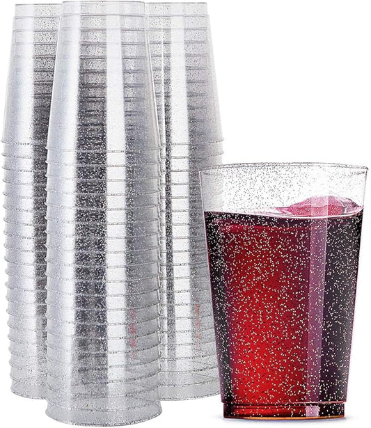 WDF 100 PACK Silver Glitter Plastic Disposable Cups - 12 Oz, BPA-Free, Heavy Duty, Ideal for Christmas Parties, Weddings, Daily Use