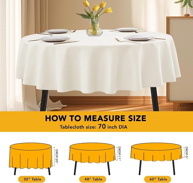 10-Pack Ivory Round Tablecloths, 70 Inches, Stain-Resistant Polyester for 3-4 Ft Round Tables - Washable Table Covers for Weddings, Banquets, Birthday Parties, Events
