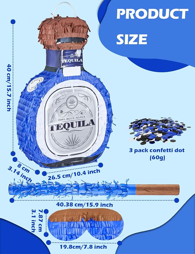 Adult Tequila Piñata with Blindfold, Confetti, and Wood Stick, Funny Piñata for Adults,21st, Mexican Theme Party Decorations(16 x 12 x 3.5 Inches)