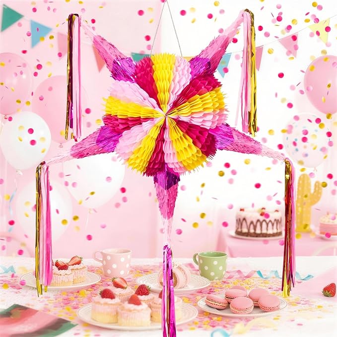 WERNNSAI Large 32" Cinco de Mayo Star Piñata - Foldable Pink Mexican Star Piñata for Kids Girls Pink Piñata Fiesta Party Decorations Luau Event Birthday Party Supplies Mexican Theme Carnivals