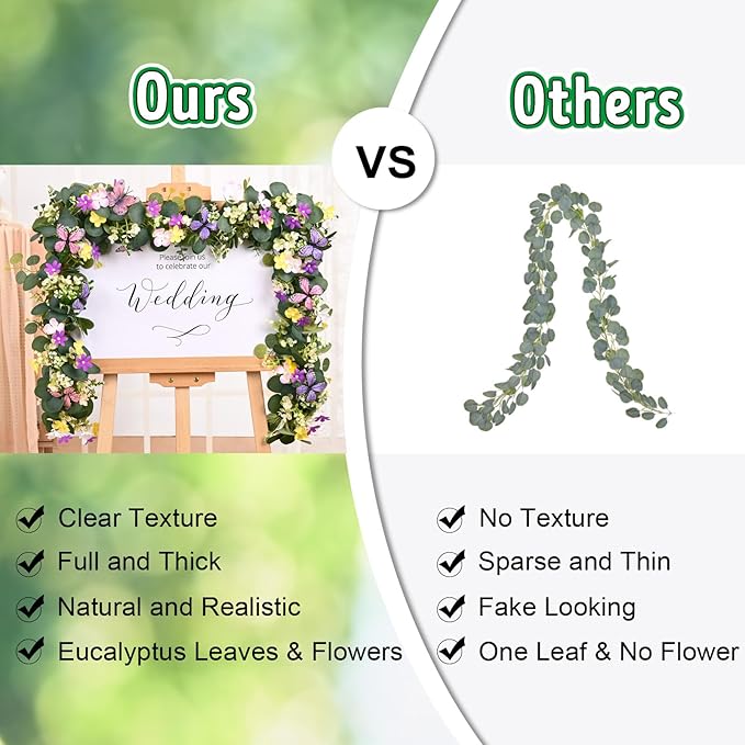 Waipfaru 4Pcs Eucalyptus Garland with Daisy 3D Butterfly, Green Garland with Flowers, 5.9FT Artificial Faux Eucalyptus Leaves Vines for Table Mantle Home Wedding Party Indoor Outdoor Decor