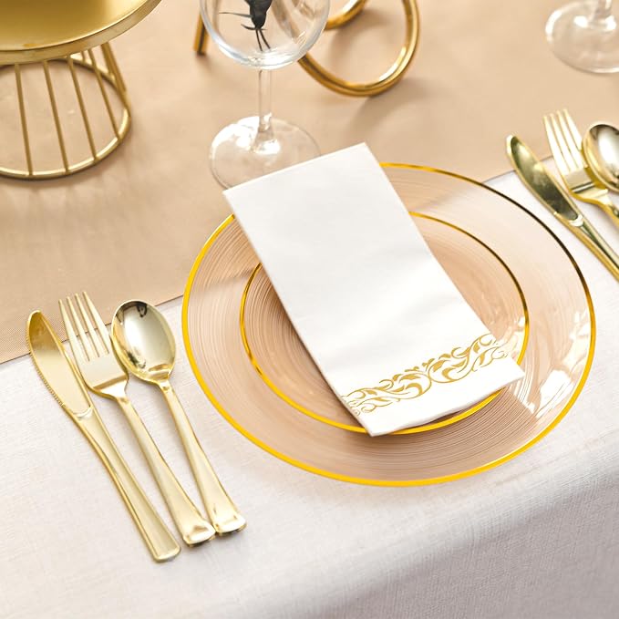 N9R 180PCS Mocha Mousse Plastic Plates with Gold Trim, Disposable Party Dinnerware Set for 30 Guests, Include 30 Dinner & Salad Plates, Napkins, Forks, Spoons and Knives