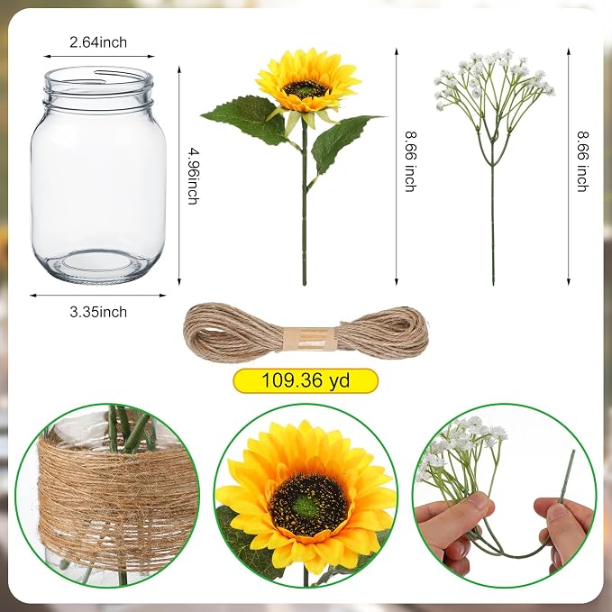 43 Pcs/ 6 Set Sunflower Mason Jar Table Centerpiece Mason Jar Vases Faux Floral with Rope Boho Rustic Flower Table Decoration for Reception Engagement Party Bridal Shower Wedding