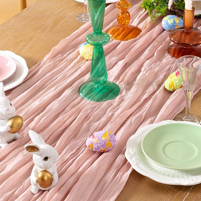 DeZerlor Pink Cheesecloth Table Runner 4 Pack Spring Easter Table Runners Boho Gauze 120 Inches Light Pink Cheese Cloth Table Decor for Wedding Bridal Baby Shower Parties