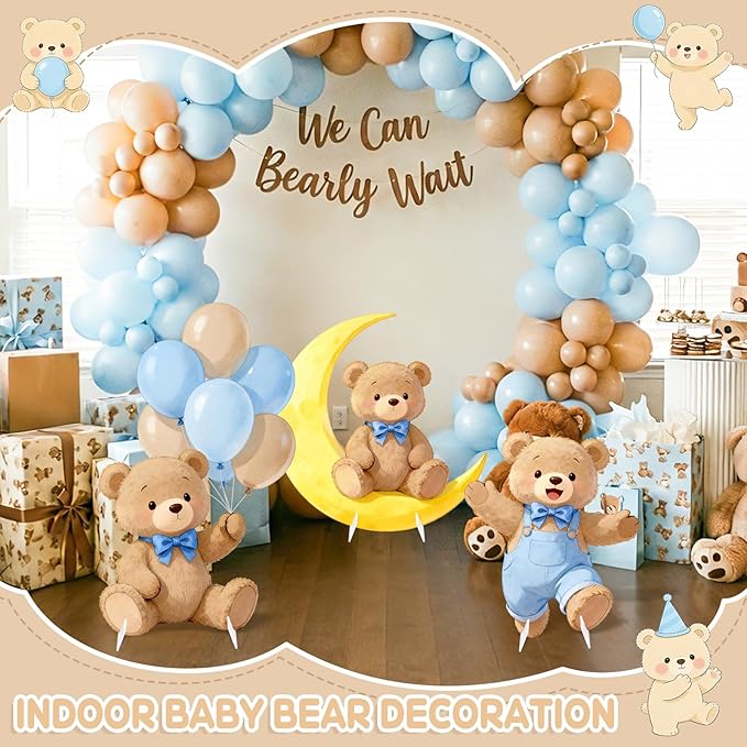 3Pcs Blue Bear Baby Shower Decorations, Large Moon Bear Cardboard Cutout Standup with Yard Stakes & Stands for Boy Bear Birthday Indoor Outdoor Photo Booth Props Cartoon Party Supplies