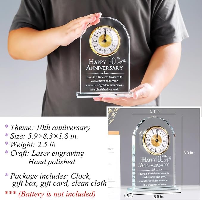 YWHL 10 Year Wedding Anniversary Clock Gifts for Couples, Laser Engraved 10th Anniversary Glass Keepsake for Him Her, 10 Year Wedding Gifts for Wife Husband (Battery not Included