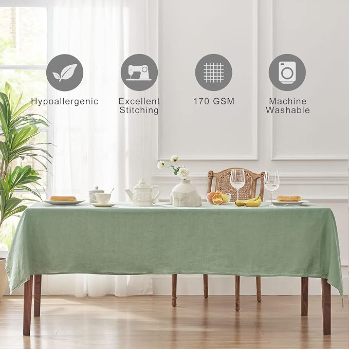 TOSMO 100% French Linen Tablecloth, Washable Farmhouse Rectangle Table Cloth for Kitchen, Dining, Party, Cocktail, Indoor and Outdoor Daily Use(60''x144'',Sage Green)