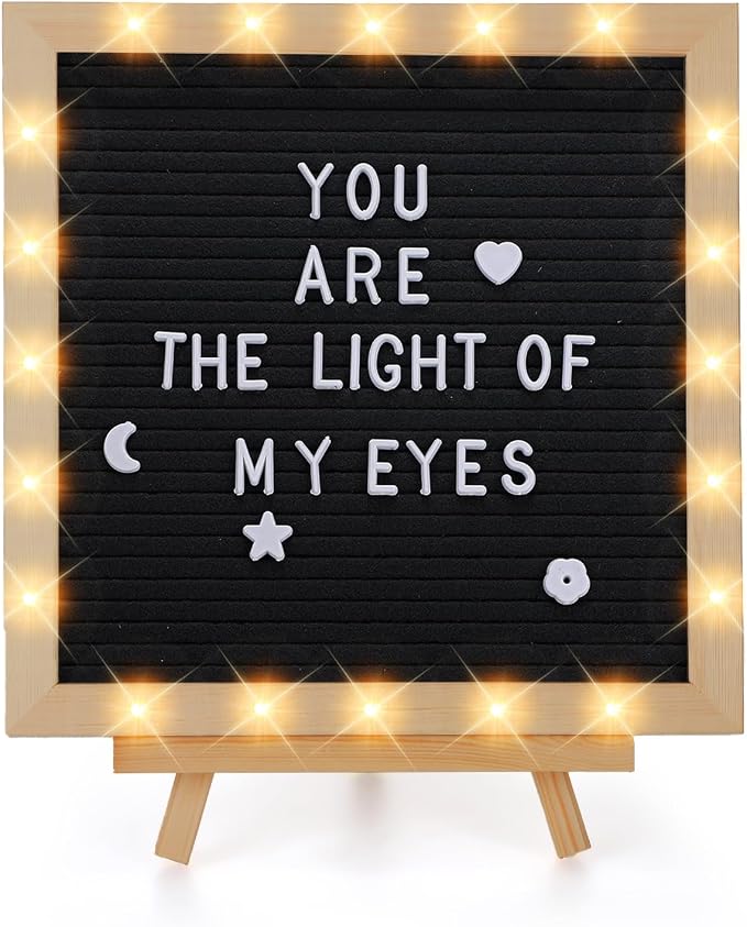Changeable Felt Letter Board with LED Lights - 10×10" Message Custom Signs & Wood Stand& 450 Letters, Poster Board for Baby/Pregnancy Announcement/Classroom Wall Decor Gifts First Day of School, Black