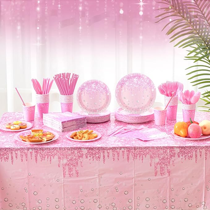 Funnymoom 452 Pcs Pink Birthday Party Decoration Include Light Pink Glitter Paper Plates Napkins Cups Tablecloth Cutlery Straws Diamond Tableware for Wedding Baby Shower Graduation Party Supplies