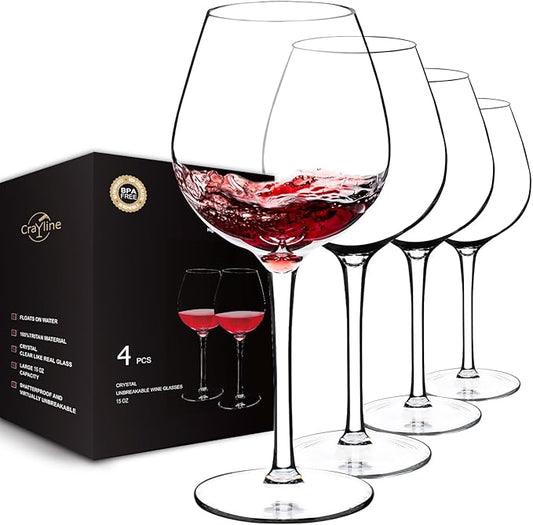 crayline Plastic Wine Glasses Set of 4(15oz) |Unbreakable Wine Glasses with Stem|100% Tritan & BPA Free |Dishwasher Safe| Awesome For Pool, Beach, Travel, Pool, Camping, Beach, Picnic, Everyday Use.