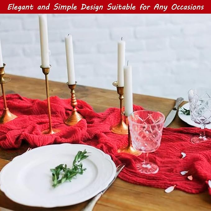 12 Pack 10Ft Cheesecloth Table Runner 35x120 Inch Boho Gauze Table Runner Rustic Cheese Cloth Long Romantic Table Runners for Wedding Bridal Shower Birthday Party Table Decor (Red)