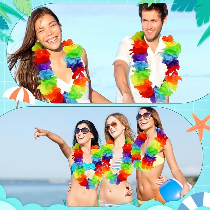 Sherr 48 Pcs LED Hawaiian Leis Light up Flower Leis Necklace with LED Lights Luau Flowers Necklaces for Masquerade Beach Wedding Tropical Themed Party Supplies(Colourful)