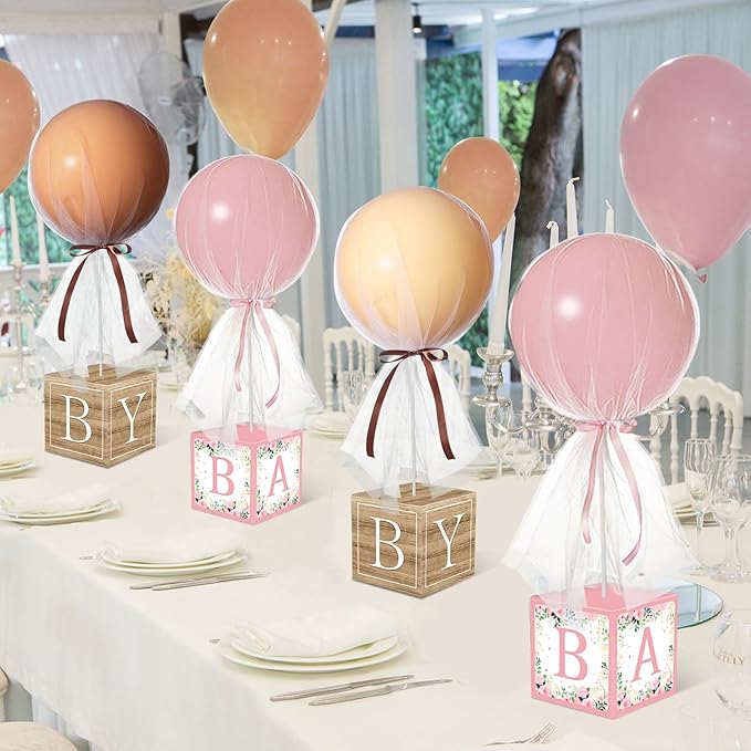 6 Set Pink Brown bear Tulle Tutu Balloon with Letter Boxes Baby Shower Table Centerpieces Decor for Gender Reveal 24'' Balloons White Tulle Cover with Stand, Boxes for Girl Boy Wedding Birthday Party