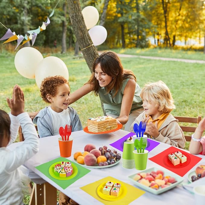 Inbagi 420 Pcs Rainbow Party Supplies Set 7" & 9" Colorful Paper Plates Colored Napkins Cups Spoon Fork Knif Disposable Dinnerware Set for Classroom & Back to School Party Decorations
