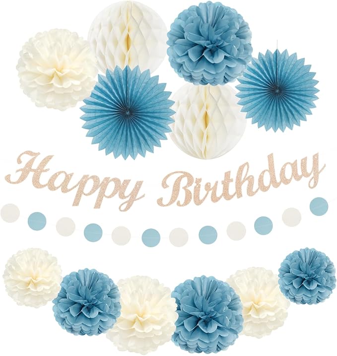 Dusty-Blue White Birthday Party-Decorations Paper-Flowers - 14pcs Happy Banner Boy Lanterns Tissue Pom Poms,Men Streamers Garland Fans Honeycomb,Baby Teen Male Kids Hanging Supplies Decor Hugfond