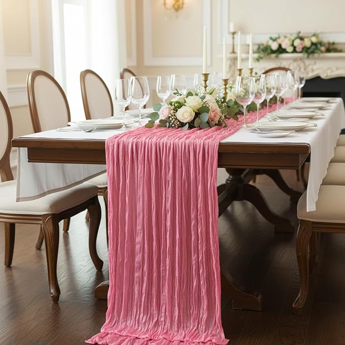 3 Pack Rose Pink Cheesecloth Table Runner 120 Inch 10FT Cheese Cloth Fabric Runners for Baby Shower, Valentine's Day, Wedding Decoration, Birthday Party