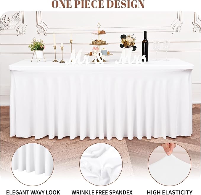 6 Packs White Stretch Table Skirts for 6 Foot Rectangle Table, Washable Spandex Stretch Tablecloths with Skirt, Wrinkle Resistant Fitted Tablecover for Wedding Party Banquet