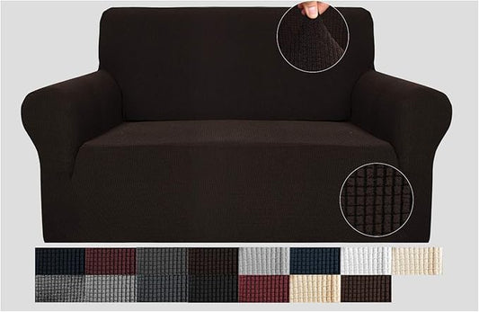 JIVINER High Stretch 1-Piece Jacquard Small Checks Couch Covers for 2 Cushion Couch Anti Slip Love Seat Sofa Covers Loveseat Slipcovers Protector for Kids Pets (Loveseat, Dark Coffee)