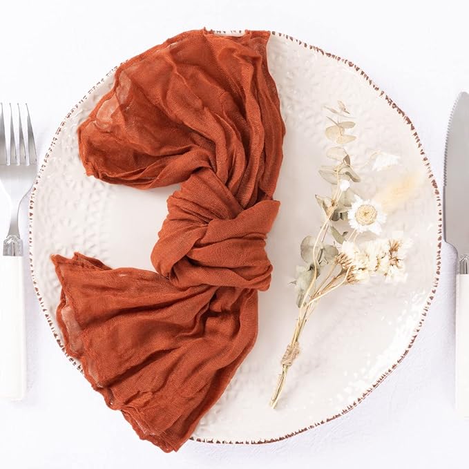 DeZerlor 50 Pack Terracotta Cheesecloth Napkins Burnt Orange Spring Cloth Napkins Set of 50 Dinner Napkins Bulk 21x21 Inches for Wedding Bridal Shower Baby Shower Parties