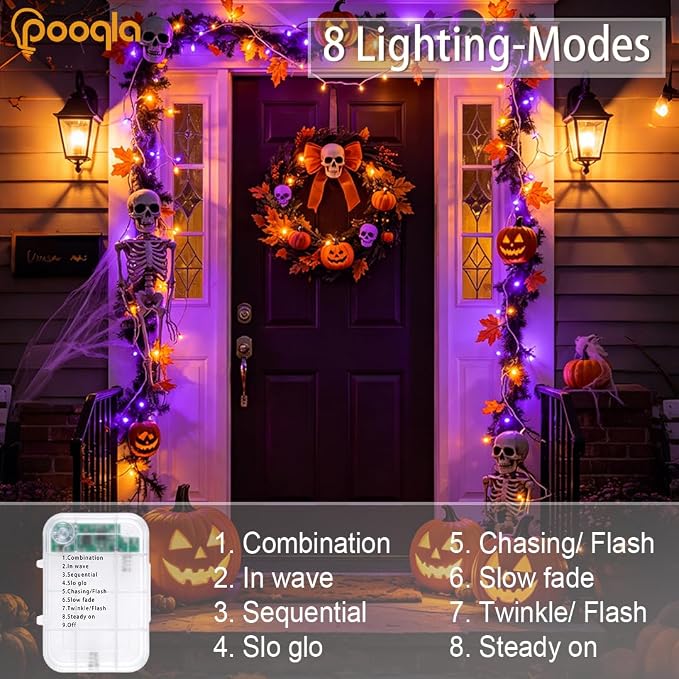 Pooqla 2 Pack Halloween String Lights Battery Operated, Total 66.6ft 200 LED Fairy Lights Indoor Outdoor Decorations, 8 Modes Orange Purple Battery Lights for Porch Party Halloween Decorations