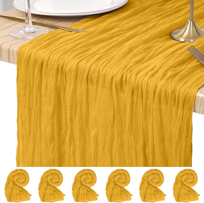 6 Pack Cheesecloth Table Runner Gold 10Ft Rustic Boho Gauze Table Runner Romantic Long Sheer Fabric Cheesecloth Table Runner for Wedding Festival Birthday Anniversary Dinner Outdoor Events