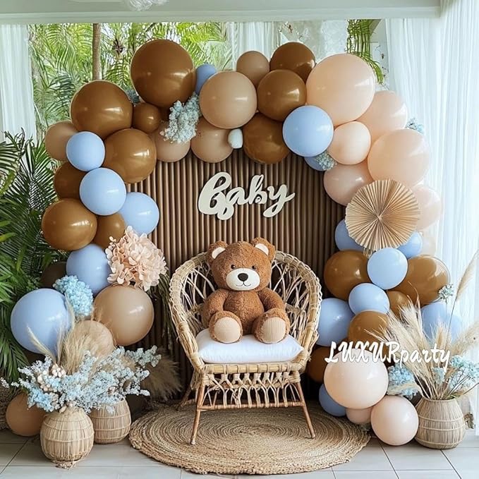 Blue Brown Nude Balloon Garland Double Stuffed Dusty Blue Coffee Pastel Balloon Kit for Teddy Bear Baby Shower Boy Birthday Gender Reveal Boho Theme Party Decorations