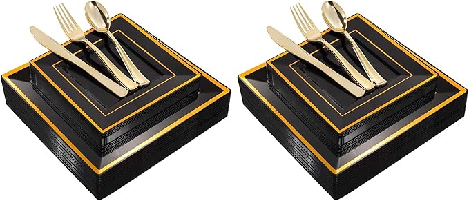 WDF 125Pieces Black Square Plastic Plates with Gold Rim Gold Disposable Silverware - include 25Pcs Dinner Plates,25Pcs Dessert Plates,25 Forks, 25 Knives, 25 Spoons for New Year (Pack of 2)