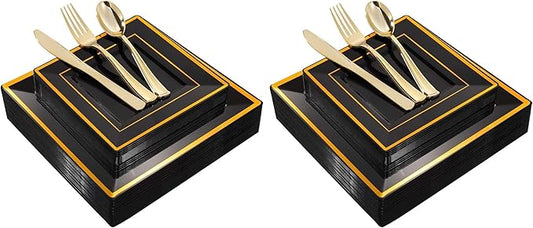 WDF 125Pieces Black Square Plastic Plates with Gold Rim Gold Disposable Silverware - include 25Pcs Dinner Plates,25Pcs Dessert Plates,25 Forks, 25 Knives, 25 Spoons for New Year (Pack of 2)