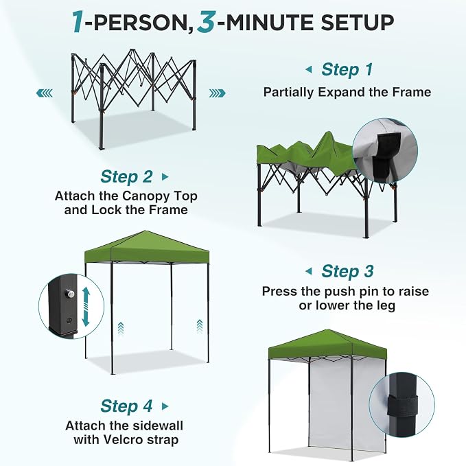 EAGLE PEAK 6x4 Instant Pop Up Canopy Tent with 1 Side Wall Panel, Straight Leg Sun Shelter, Portable Canopy with Carry Bag for Camping, Beach & Sports, Grass Green