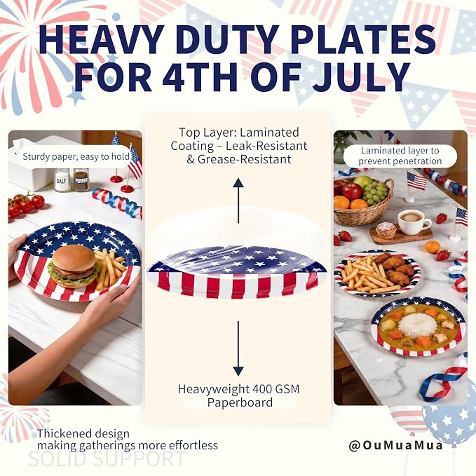 OuMuaMua 100Pcs Heavy Duty Patriotic Party Plates Supplies, American Flag Oval Disposable Paper Plates and Napkins for 4th of July Independence Day, Veterans Day, Election Day Party Decorations
